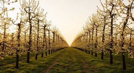 Blossoming fruit trees in orchard in spring, Netherlands.