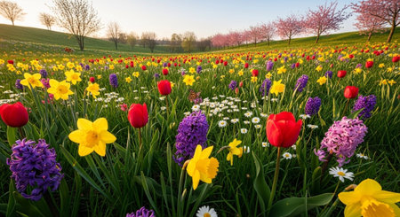 Beautiful spring landscape with blooming tulips and daffodils