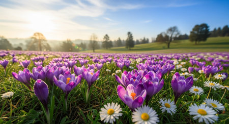 Purple crocuses on a meadow with daisies