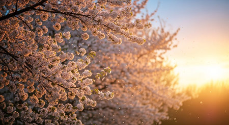 Cherry blossoms in full bloom at sunset, close-up