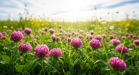 Field of red clover flowers and yellow dandelions in summer
