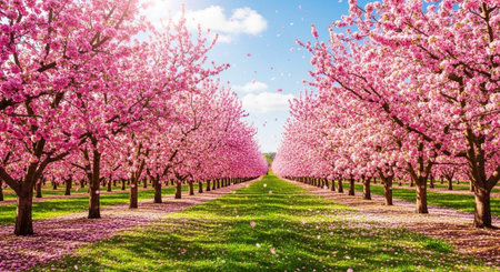 Cherry blossom tree alley with pink flowers in spring time.