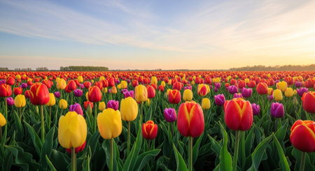 Tulips in a field at sunrise in spring, Almere, Flevoland, Netherlands