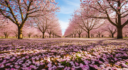 Cherry blossom trees with pink petals. Spring background.