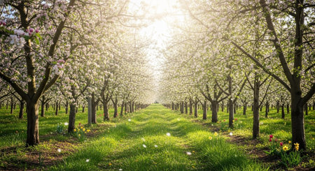Beautiful blooming apple orchard in springtime. Spring landscape.