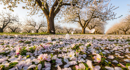 Beautiful cherry blossom garden in spring time with white and pink flowers