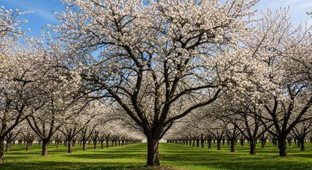 Cherry blossoms in full bloom in an orchard in spring
