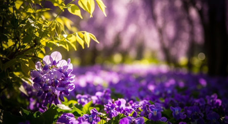 Purple spring flowers in the park with bokeh background.