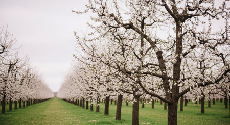 Blossoming almond orchard in spring - retro vintage style picture
