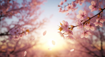 Cherry blossoms in full bloom at sunset. Spring background.