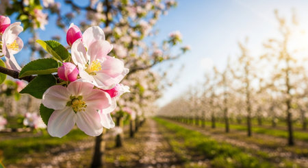 Blossoming apple orchard in springtime. Bright pink and white flowers.