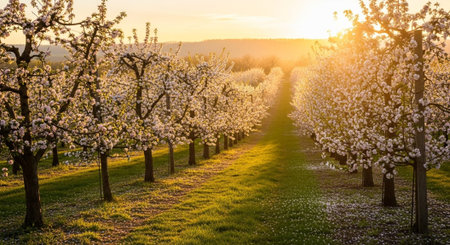 Blossoming of fruit trees in orchard at sunrise in spring