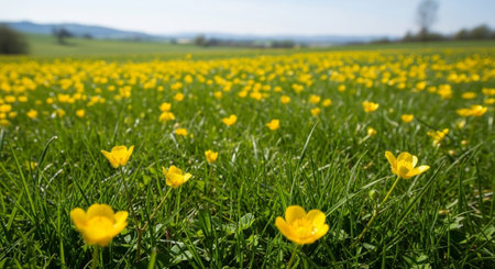 Spring meadow with yellow buttercups ( Ranunculus acris)