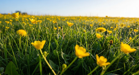 Yellow buttercups on a green meadow at sunset in summer