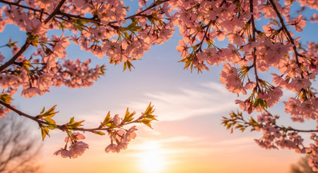 Beautiful cherry blossom sakura in spring at sunset background.