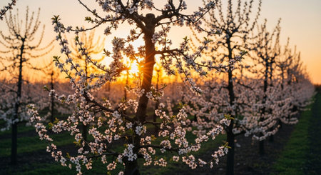 Blooming peach trees in a fruit orchard at sunset in spring