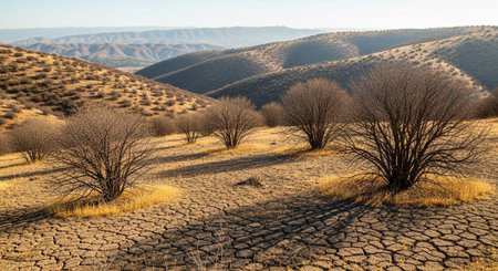 Desert landscape with dry grass and bare trees in early spring.