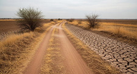 Dirt road in the desert, dry grass and dry soil.