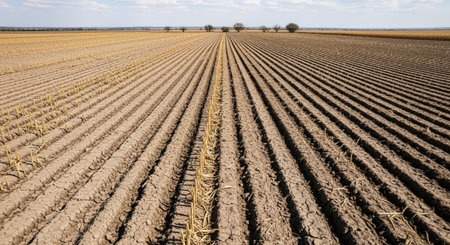 Aerial view of a plowed field ready for sowing.
