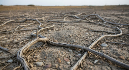 Dry cracked soil in the desert with dry tree branches and roots
