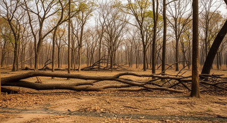 Dead trees in the forest after a forest fire in the morning.