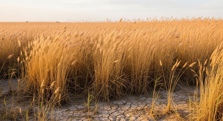 dry grass in the field with dry soil and cracked earth background.