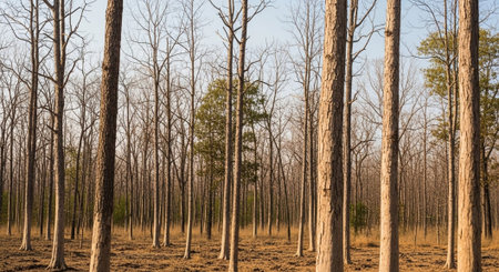 Eucalyptus trees in a row in the forest.