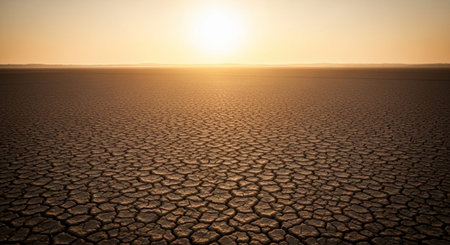 Dry land in the desert at sunset. Global warming concept.