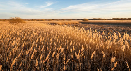 Sunset on the lake, reeds in the foreground and blue sky