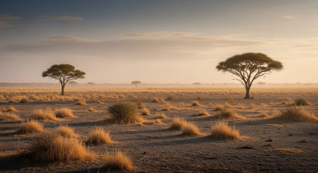 African savannah with acacia trees in the morning, Namibiaの写真素材