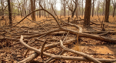 Australian Outback during a drought in the late afternoon sun with dry tree trunks