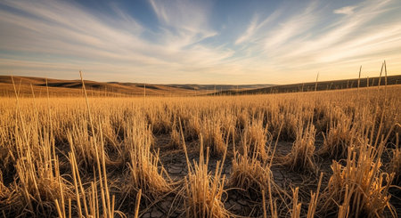 Sunset over a field with dry grass and blue sky with clouds