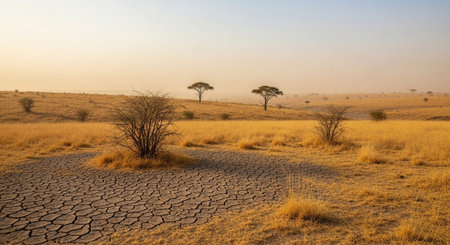 African savannah with dry grass and acacia trees in Namibia