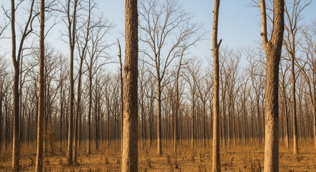 Trees in a row in a dry forest in South Australia.