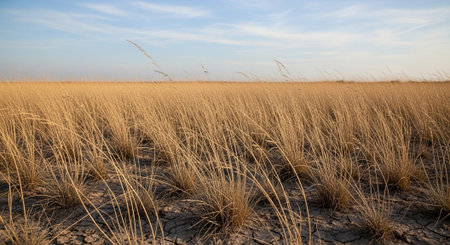 dry grass in the field at sunset, panoramic view.