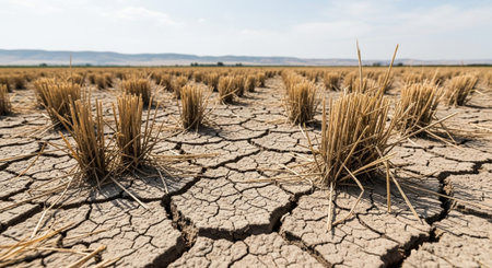 Dry cracked earth with dry grass. Global warming, climate change concept