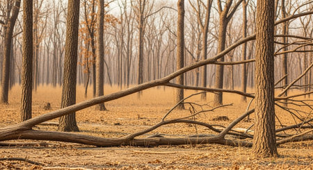 Dead trees in the forest after a forest fire in the fall.
