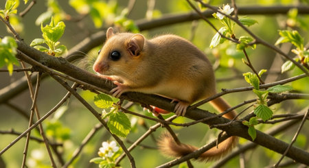 A closeup shot of a cute little mouse on a tree branch