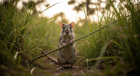rat on the grass in the wild. Rat in the nature.