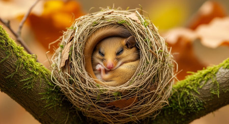 Hamster in the nest on the tree in the autumn forest.