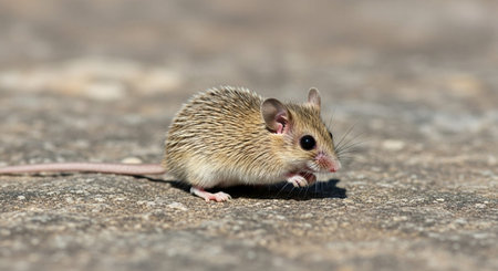 A closeup shot of a little mouse on the ground with blurred background