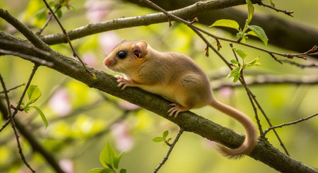 Cute little mouse on a branch of a tree in the spring