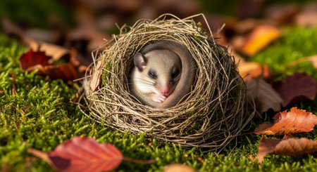 Wooden house mouse in the nest on green moss with fallen leaves
