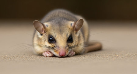 close up of a little striped sugar glider on a brown background