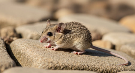 Close up of a little mouse on the ground. Shallow depth of field