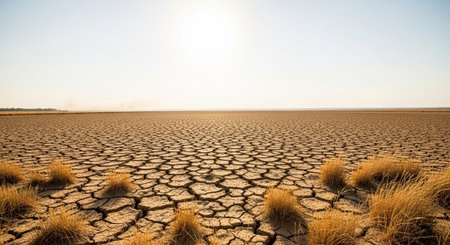 Dry cracked earth with dry grass in arid areas. Global warming concept.