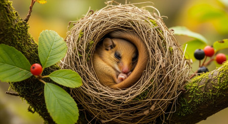 Image of baby squirrel in the nest on nature background. Animal.