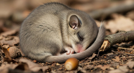 Close-up of a baby mouse sleeping in the autumn forest.