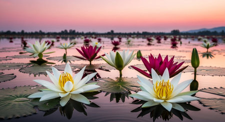 Nature Growth and Blooming Flowers Collection â Seedlings, Lotus Water Lilies, Roses, Sunflowers, Tulips, Lavender Fields and Garden Landscapes.の写真素材