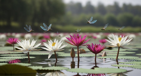 Nature Growth and Blooming Flowers Collection â Seedlings, Lotus Water Lilies, Roses, Sunflowers, Tulips, Lavender Fields and Garden Landscapes.の写真素材